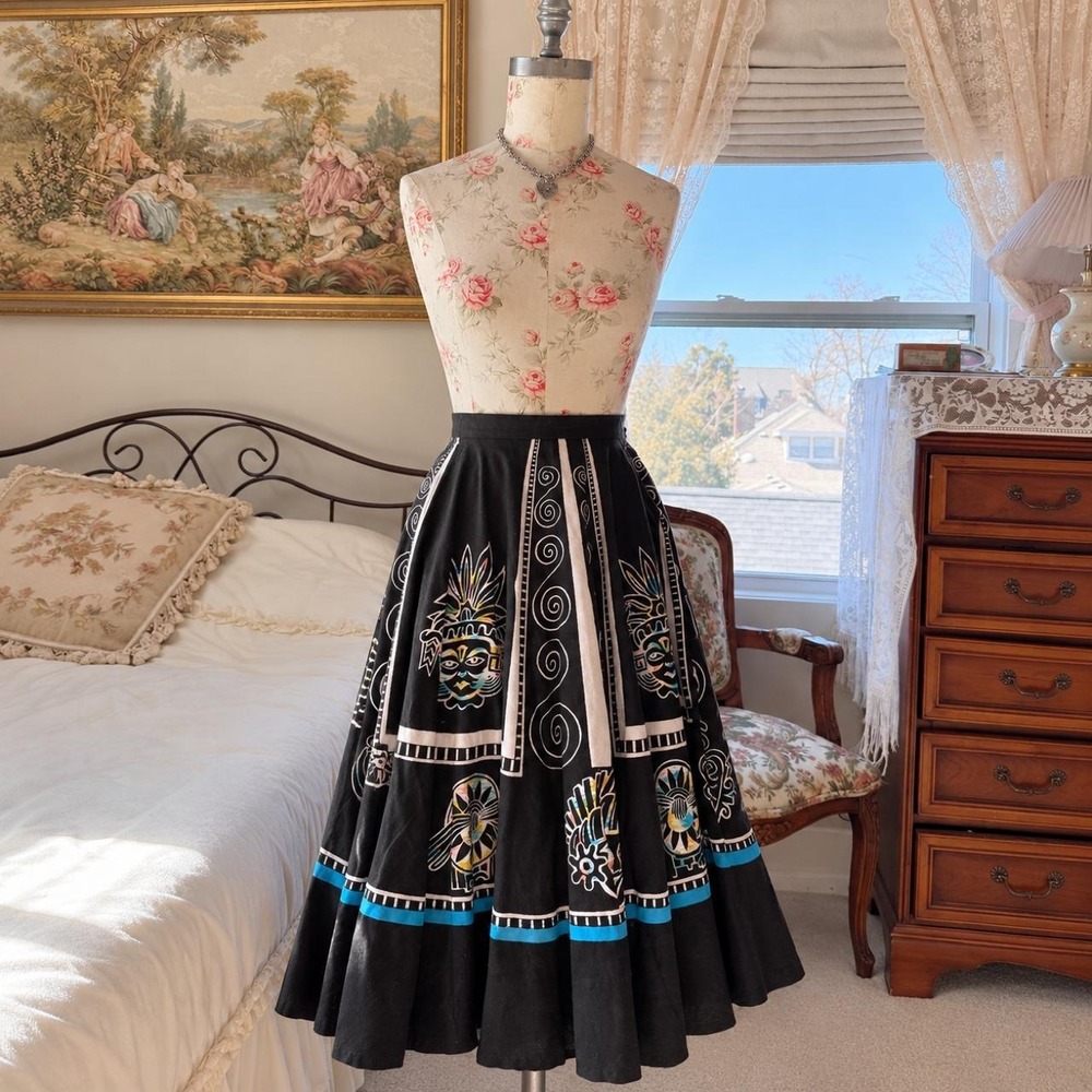 50s black tiki skirt Vintage maya de Mexico 1950s black Mexican print skirt